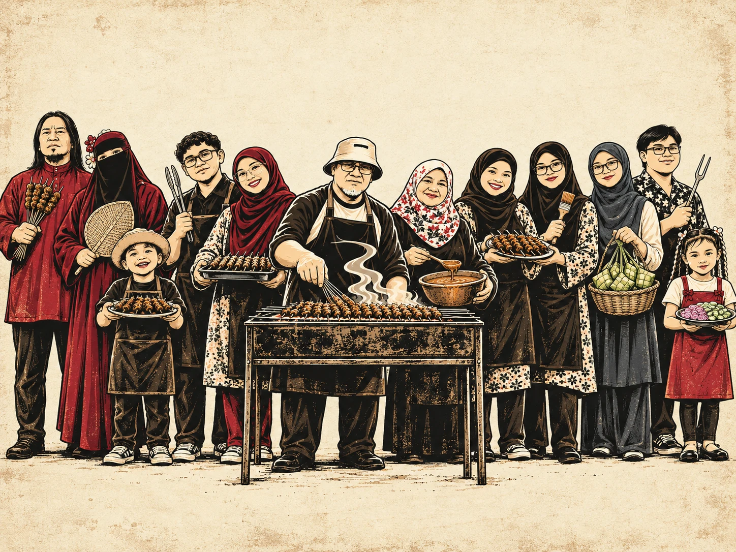 The Mor Satay family, standing with satay and traditional cooking utensils
