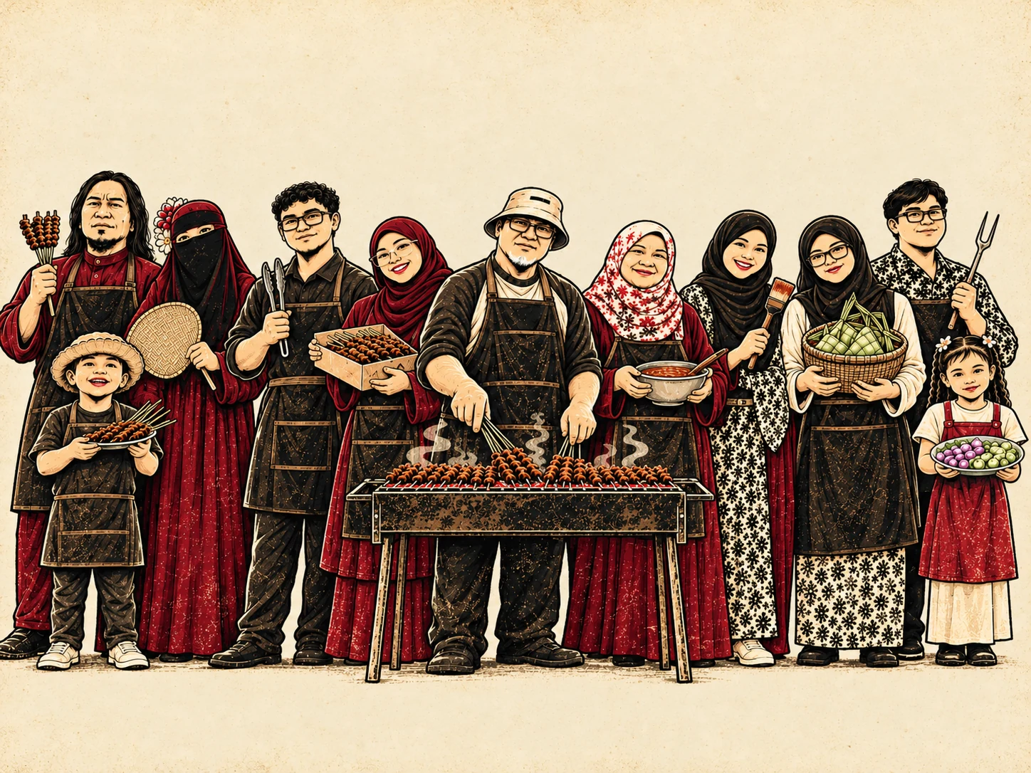 The Mor Satay family, standing with satay and traditional cooking utensils
